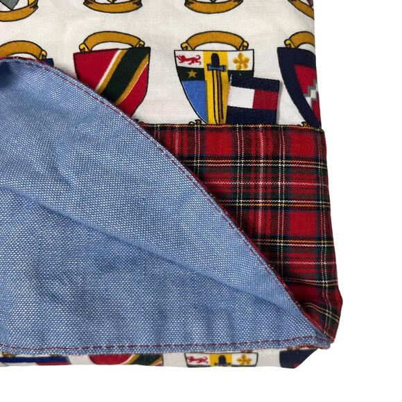 KING FLAT Tommy Hilfiger Royal Arms Crest Plaid Chambray Top Sheet Vintage - Picture 2 of 10